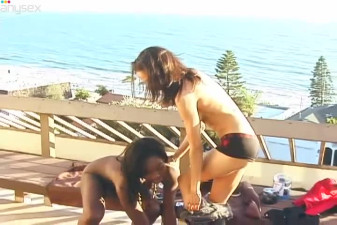 Palatable oiled up girls pussy licking passionately in outdoor sex session