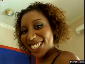 Curly haired ebony chick Krystal Wett gets her smooth pussy fucked nicely