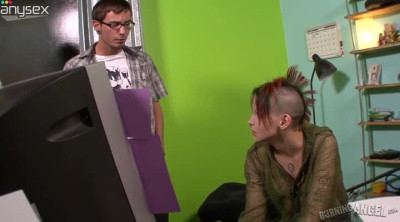 Perverted punk hoe with mohawk enjoys blowing and riding fat dick