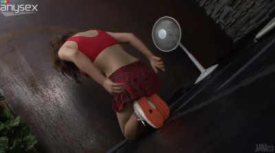 Sporty Japanese chick wearing  short kilt skirt rides dildo on the table