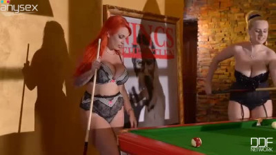 Two juggy lesbian girlfriends playing billiard and making love