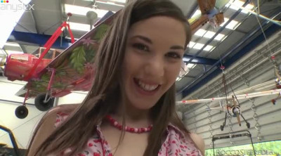 Bright smiling brunette teen flashes her natural pale small tits in shop