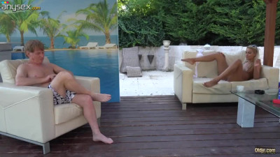 Slender blondie Cherry Kiss is fucked by one rich pensioner by the pool