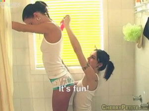 A couple of hot brunette girlies have awesome porno in bathroom