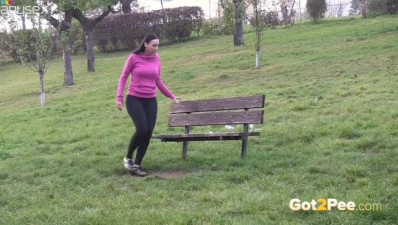 Raven haired horny chick pissed on bench in the park