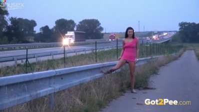 Wanton black haired chick in pink sexy dress pissed on the road side