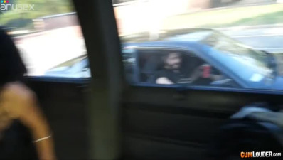 Skinny dark haired slut rides and sucks big cock of her 4 eyed stud in his car