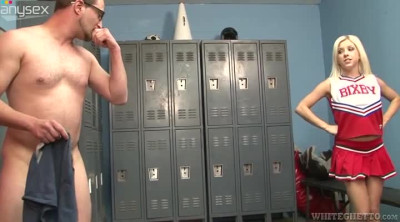 Leggy cheerleader knocking out one dude in the locker room