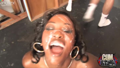 Dirty ebony slut Aryana Starr enjoys getting her face painted with cum after hard gangbang