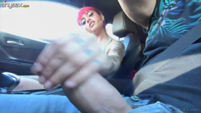 Emo girlfriend Candy Doll sucks big cock in a car and gets fucked on a couch