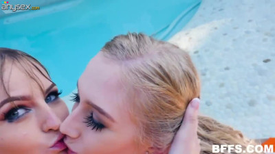 Three lesbian girls Violet Rains, Emma Starletto and Scarlett Sage fuck each other by the pool