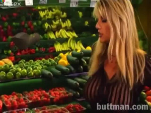 Blond haired kinky bombshell deep throats hard cock of seller at the market