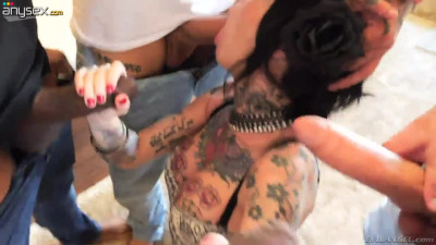 Several alpha males fuck tattooed hooker Megan Inky in all her holes