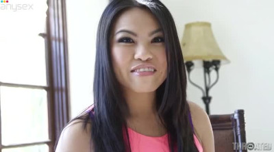 Cute Asian pornstar Cindy Starfall stripping and giving blowjob