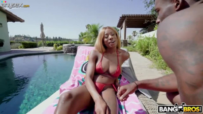 Ebony hooker in bikini Kinsley Karter is fucked hard by the pool