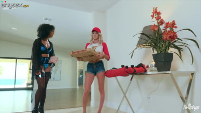 Ebony housewife Misty Stone fucks pretty pizza delivery girl Emma Hix