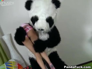 Cute blonde haired girl plays and fucks with panda bear toy