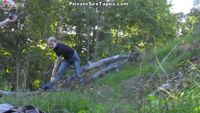 Slutty and kinky blondie whore gives a blowjob in the woods