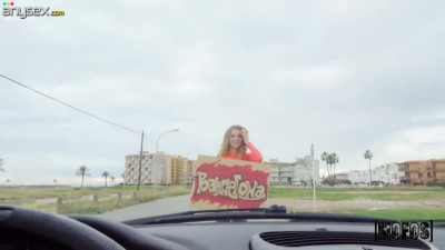 Curly ginger passenger babe gives a blowjob in a car and gets fucked in public