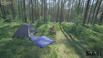 Young couple having crazy sex fun in the forest