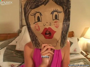 Horny slut Angelina Bonet with paper bag on her head blows hard