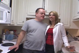 Nasty blonde gives blowjob and eats cum dessert in a kitchen