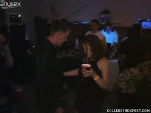 Feisty skank with curly hair is sucking juicy cock at the college party