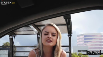 Cute hitchhiker Lexie Fux gives a blowjob in a car and gets fucked in the back seat