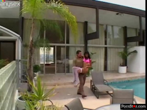 Ebony hottie Marie Luv riding hard dick outdoor by the poolside