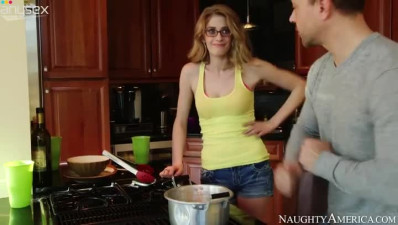 Alluring babe Allie James strips in the kitchen seducing Kurt Lockwood