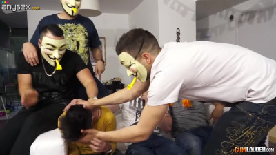 Hardcore sex party where one girl serves several boys in masks