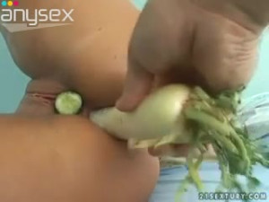 Kinky jade is getting her pussy stuffed with cucumber and her ass hole drilled with radish