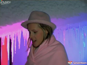 Divine blond Russian bombshell drills her snatch with icicle outdoor