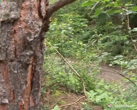 Incredibly lewd slim blond teen wins a chance to ride a dick in the woods