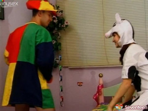 Two frisky folks oral stroke each other's cunts wearing fun costumes