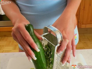 Fraught blonde teen enjoys vegetable masturbation in the kitchen