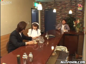 Ample Japanese waitress gets hammered in standing pose from behind