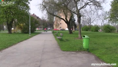 Cute teen chick Monika is riding rolls in the park with her new BF