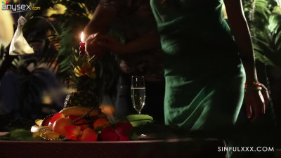 Fruits on the naked body or passionate sex by candlelight