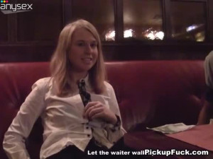 Kinky blond chick sucks dick under the table in a restaurant