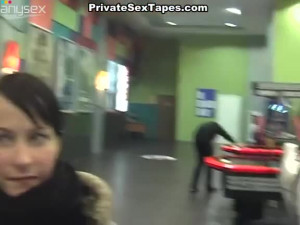 Whorable brunette gal gives a solid blowjob for sperm in the restroom