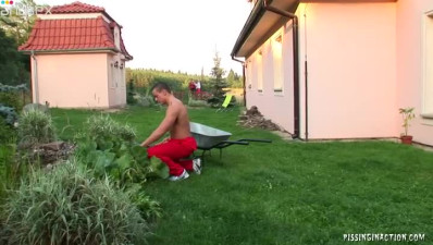 Two salty matures give double blowjob to beefy gardener