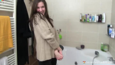 Playful Russian teen gets her tits rubbed while taking a shower