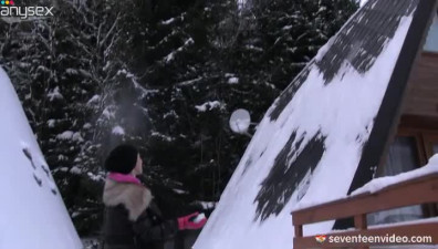 Stupid brunette how masturbates with fingers in snowy weather outdoors