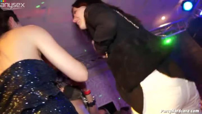 Zealous and hilarious chicks stand on kneels for sucking dicks in the club