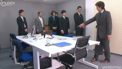 Slim Japanese boss in stockings masturbates in front of her colleagues