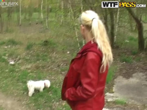 Salty Russian milf shows off her nipples while walking a dog