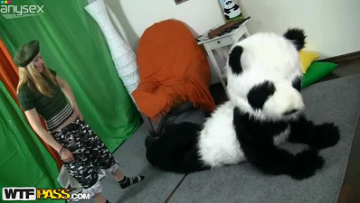 Horny dude in panda costume mauls salty babe with hairy pad