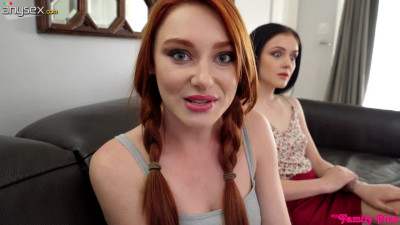 Hot red haired babe and sexy brunette Rosalyn Sphinx are fucked by one horny dude