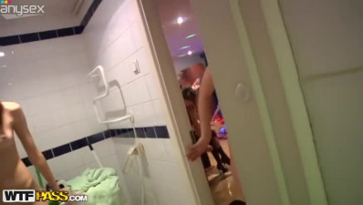 Two slutty brunettes suck a dick for sperm in the bathroom at New Year party